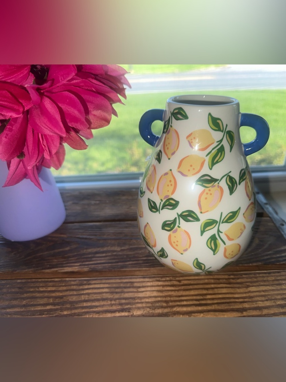 Lemon Pattern Ceramic Vase with Blue Handles - Home Accents
